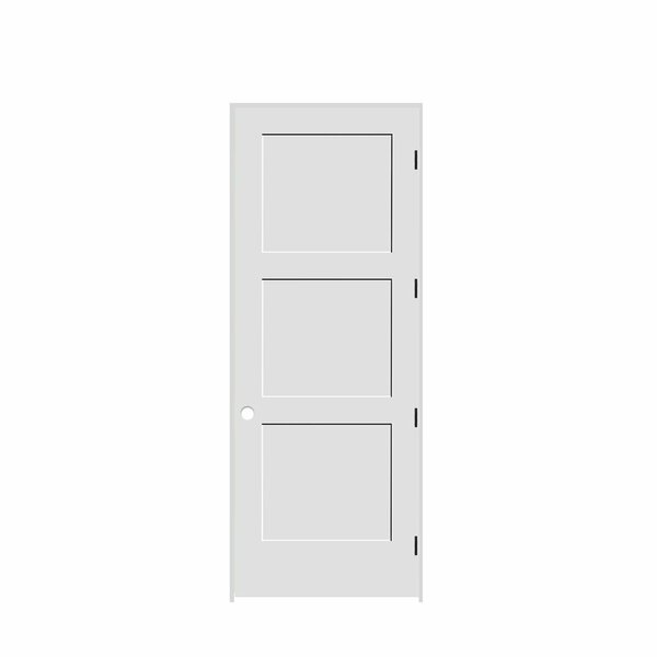 Codel Doors 30" x 96" x 1-3/8" Primed 3-Panel Equal Panel Interior Shaker 4-9/16" LH Prehung Door w/Black Hinges 2680pri8433LH1D4916